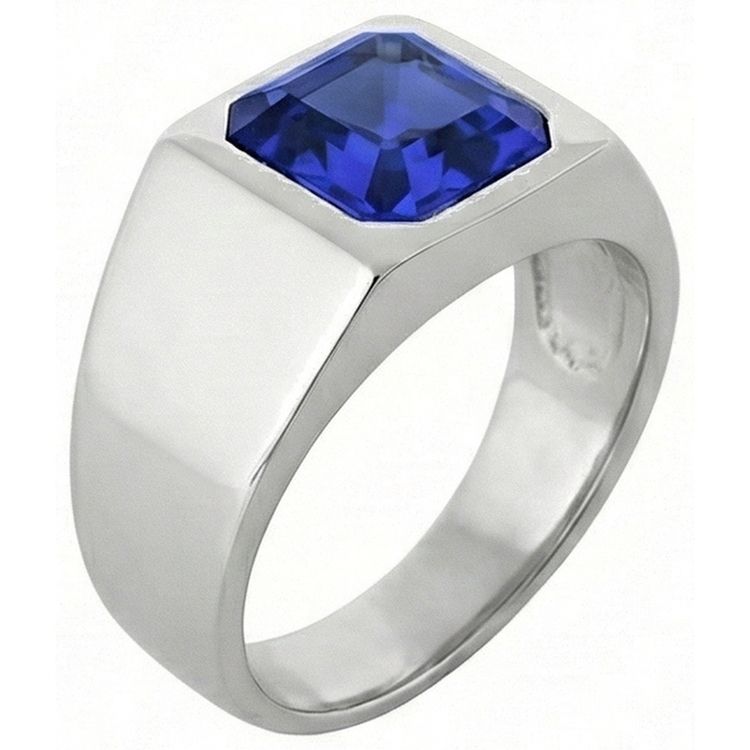 Bague Solitaire Homme 1.50 Carats Flush Set Saphir Bleu Asscher Cut