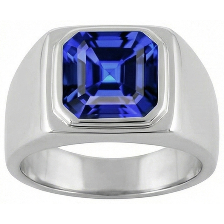 Bague Solitaire Homme 1.50 Carats Flush Set Saphir Bleu Asscher Cut