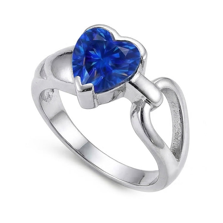 Bague Solitaire Mariage Or Blanc Coeur Saphir Bleu 3 Carats