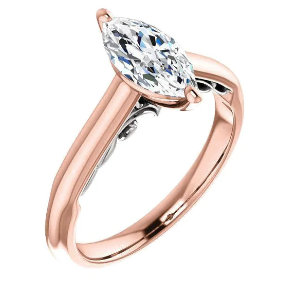 Bague Solitaire Marquise Réel Diamant 1.50 Carats Deux tons 14K