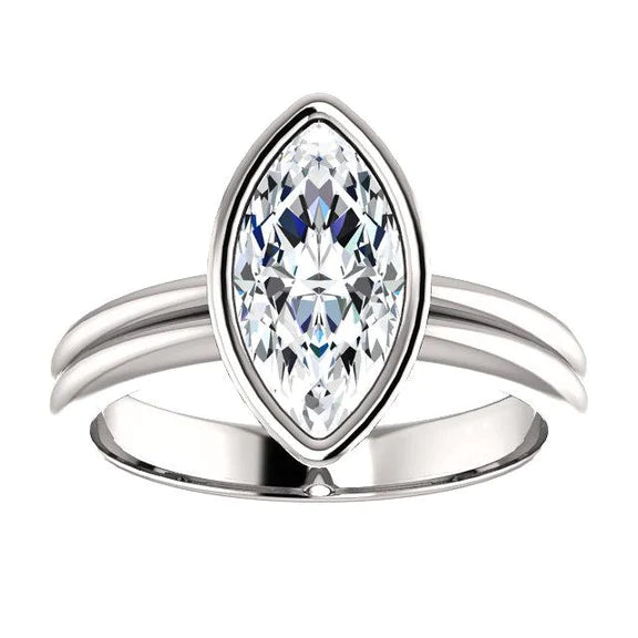 Bague Solitaire Marquise Réel Diamant 3 Carats Lunette Sertie Or Blanc 14K