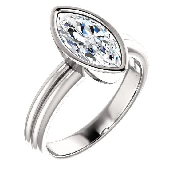 Bague Solitaire Marquise Réel Diamant 3 Carats Lunette Sertie Or Blanc 14K