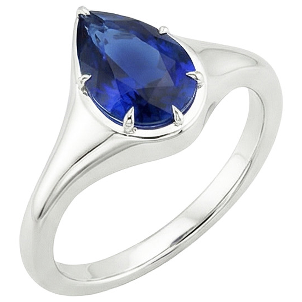 Bague Solitaire Or Blanc 14K Saphir Bleu Poire 3.50 Carats