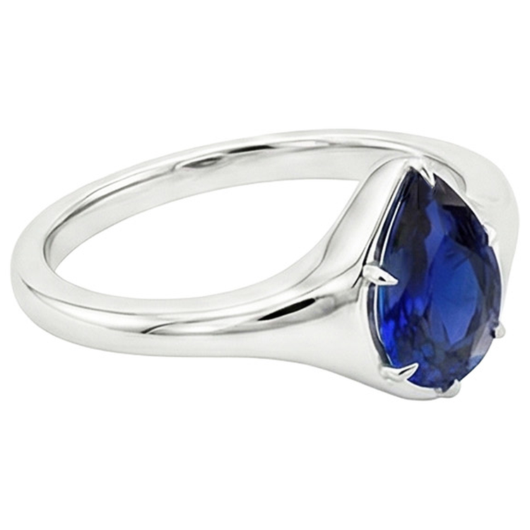 Bague Solitaire Or Blanc 14K Saphir Bleu Poire 3.50 Carats