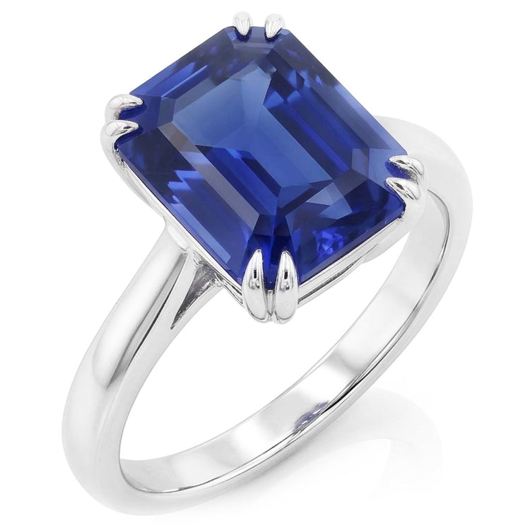 Bague Solitaire Or Blanc Forme Emeraude Saphir Ceylan 2.50 Carats