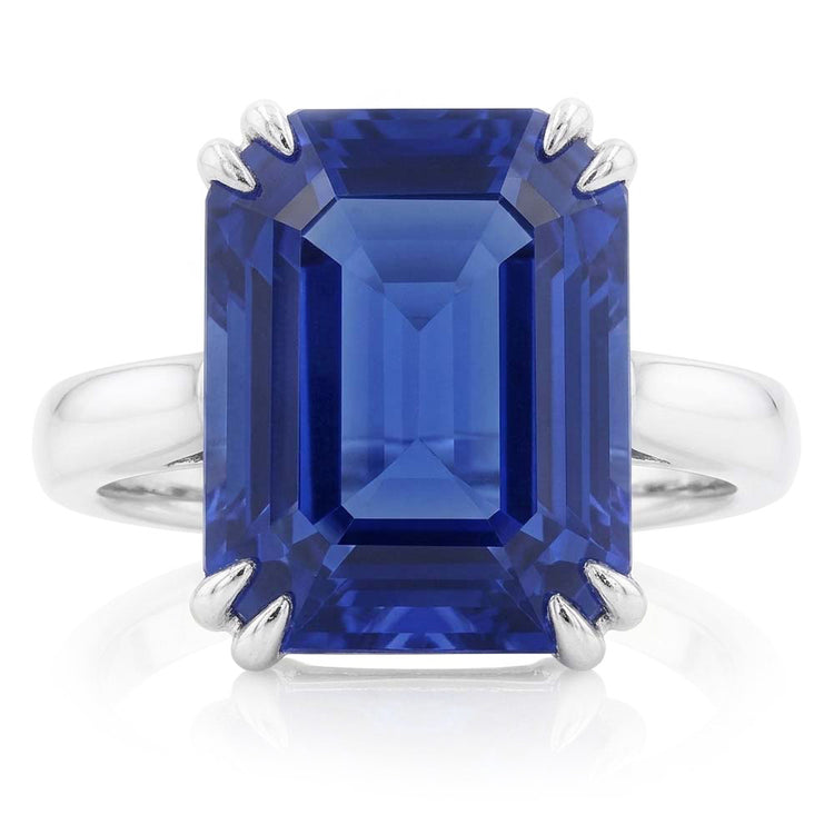 Bague Solitaire Or Blanc Forme Emeraude Saphir Ceylan 2.50 Carats