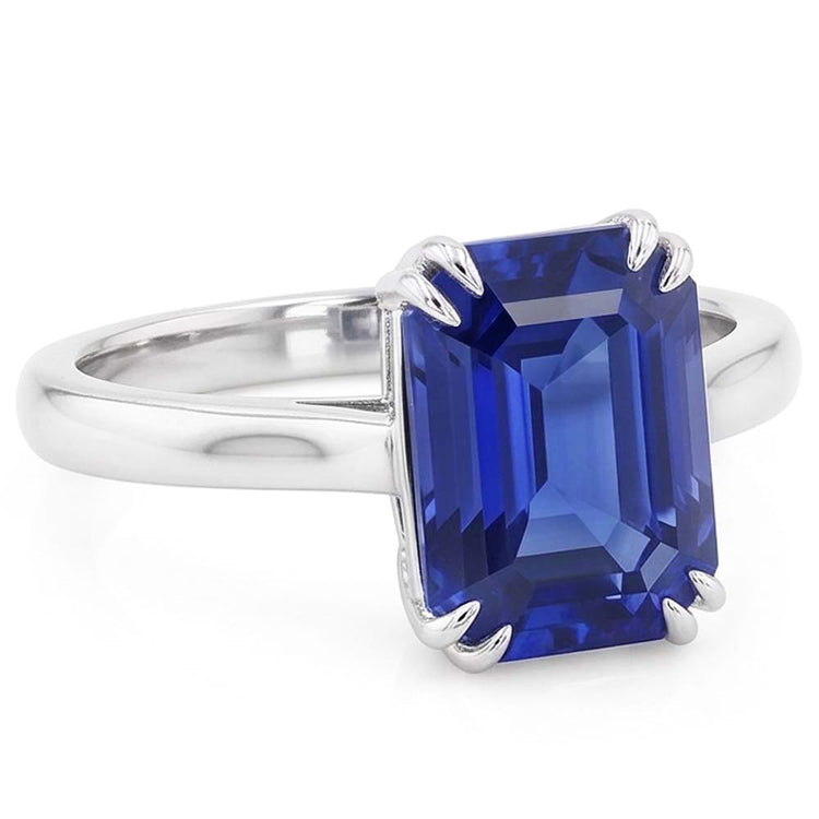 Bague Solitaire Or Blanc Forme Emeraude Saphir Ceylan 2.50 Carats