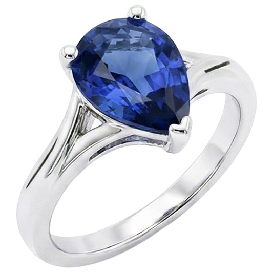 Bague Solitaire Or Blanc Poire Saphir Sri Lankais 3 Carats