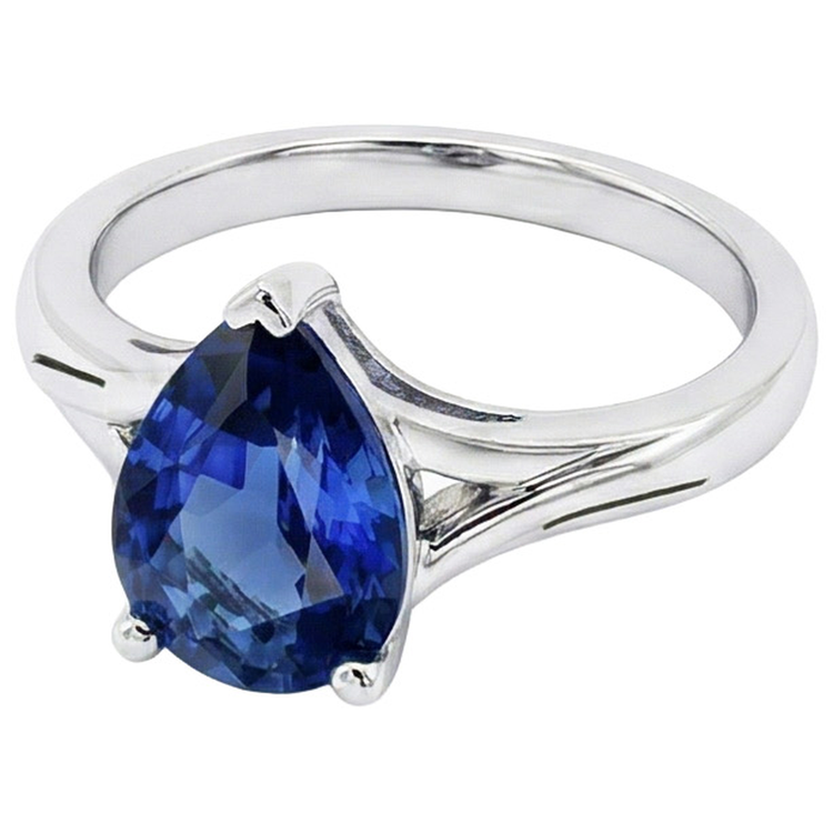 Bague Solitaire Or Blanc Poire Saphir Sri Lankais 3 Carats
