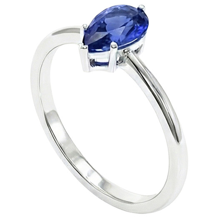 Bague Solitaire Or Blanc Style Larme Poire Saphir Bleu 2 Carats