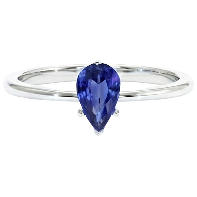Bague Solitaire Or Blanc Style Larme Poire Saphir Bleu 2 Carats