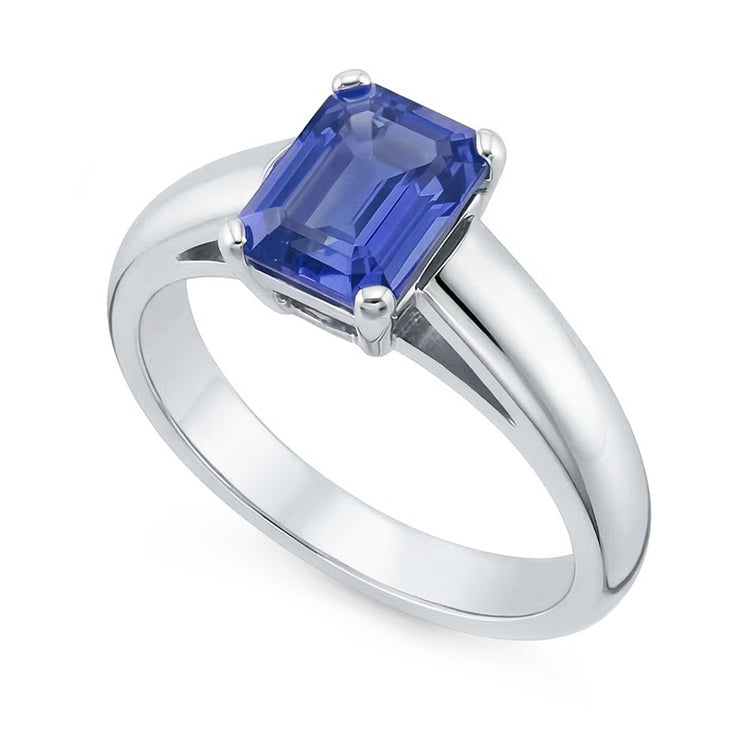 Bague Solitaire Or Blanc Taille Emeraude Saphir Ceylan 1.50 Carats