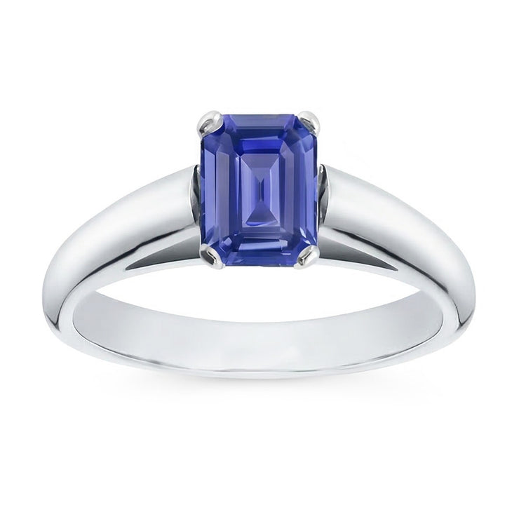 Bague Solitaire Or Blanc Taille Emeraude Saphir Ceylan 1.50 Carats