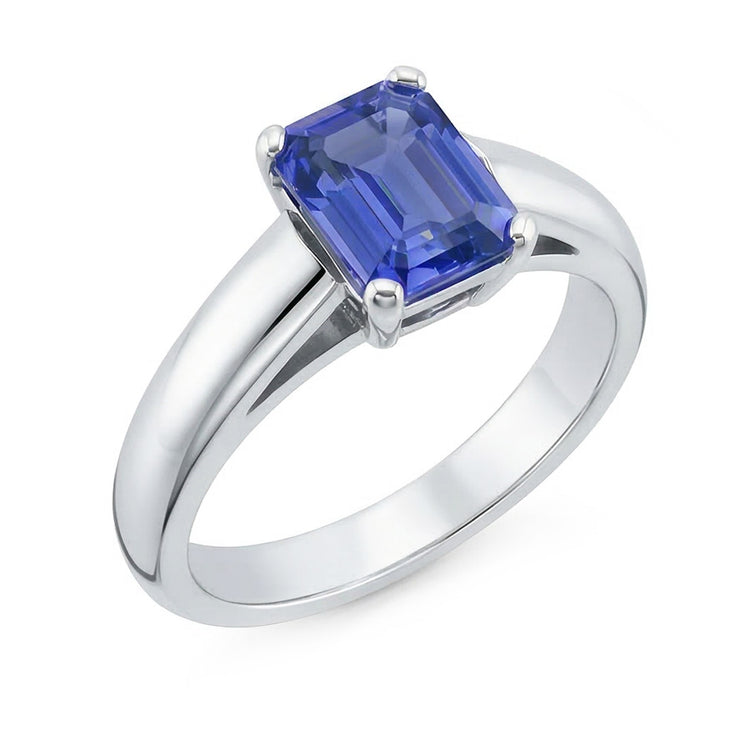 Bague Solitaire Or Blanc Taille Emeraude Saphir Ceylan 1.50 Carats