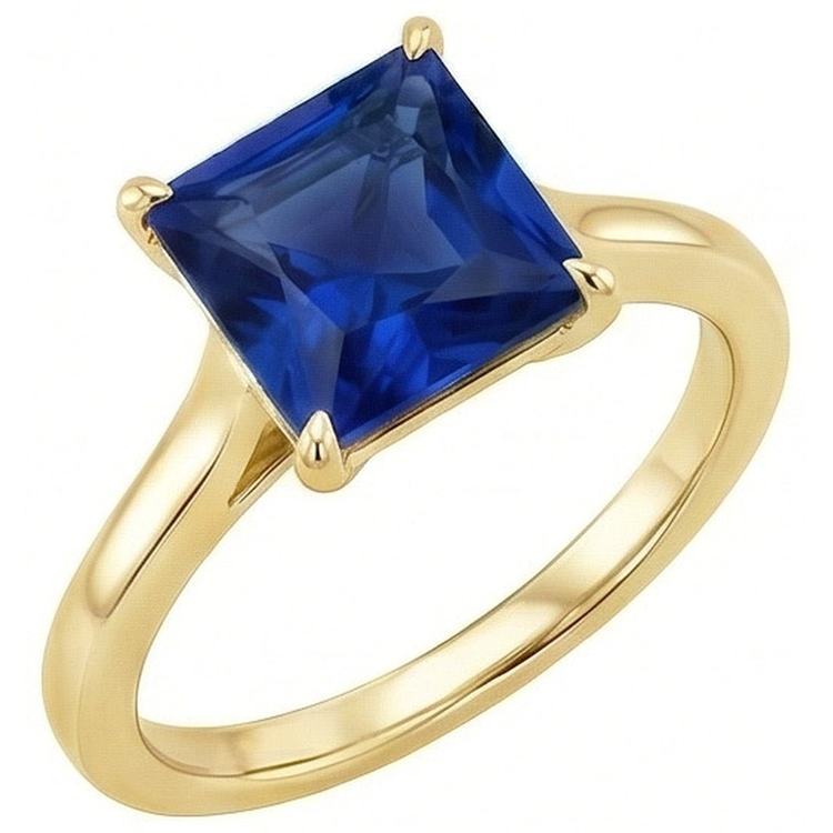 Bague Solitaire Or Jaune Princesse Saphir Bleu Pierre 5 Carats