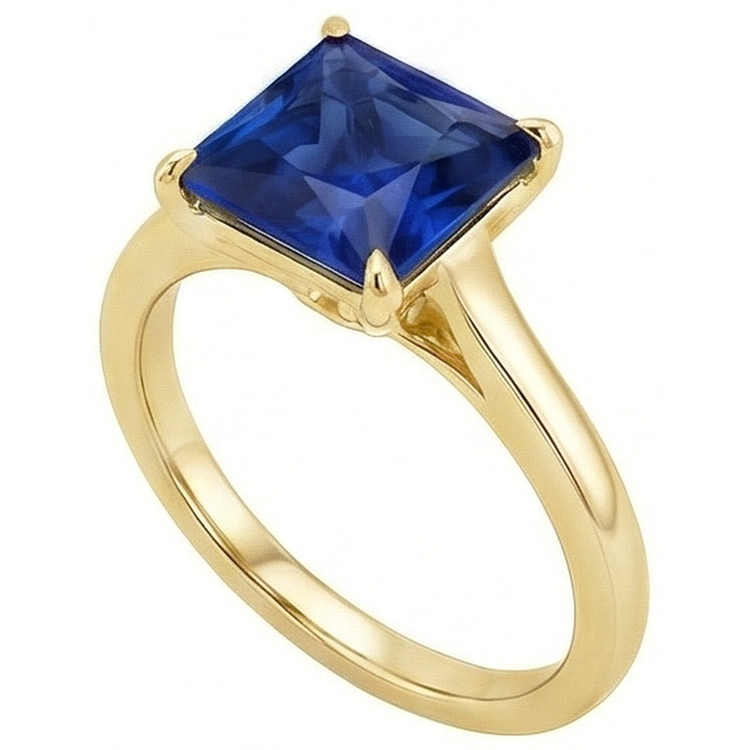 Bague Solitaire Or Jaune Princesse Saphir Bleu Pierre 5 Carats