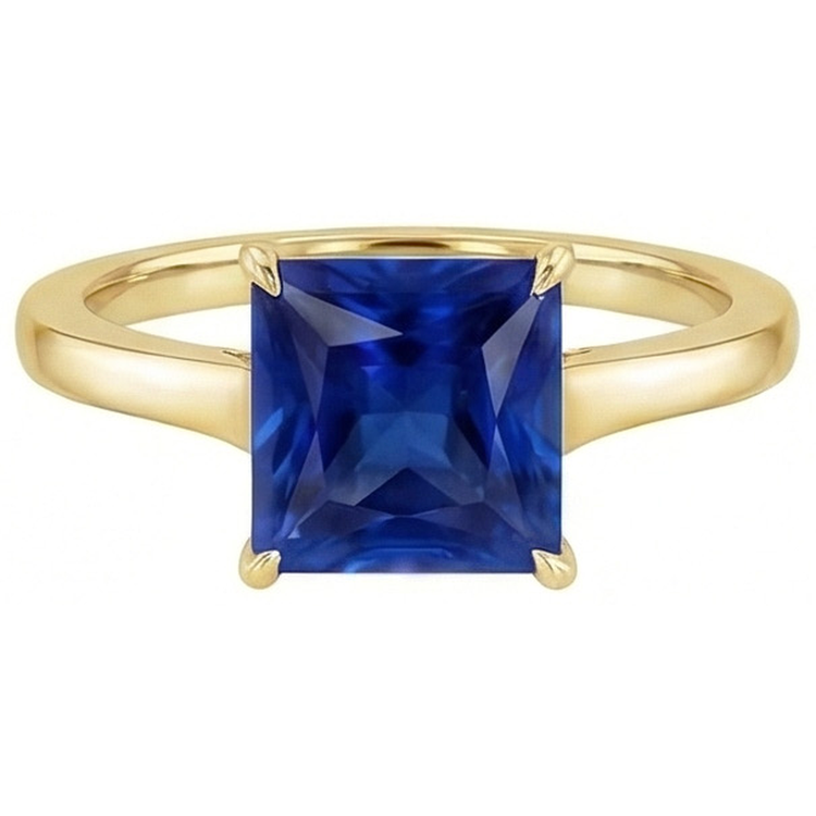 Bague Solitaire Or Jaune Princesse Saphir Bleu Pierre 5 Carats