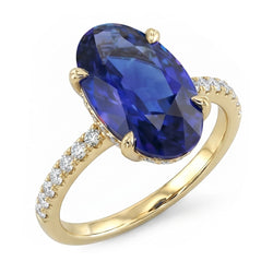 Bague Solitaire Or Jaune Saphir Bleu Ovale Avec Accents 4 Carats