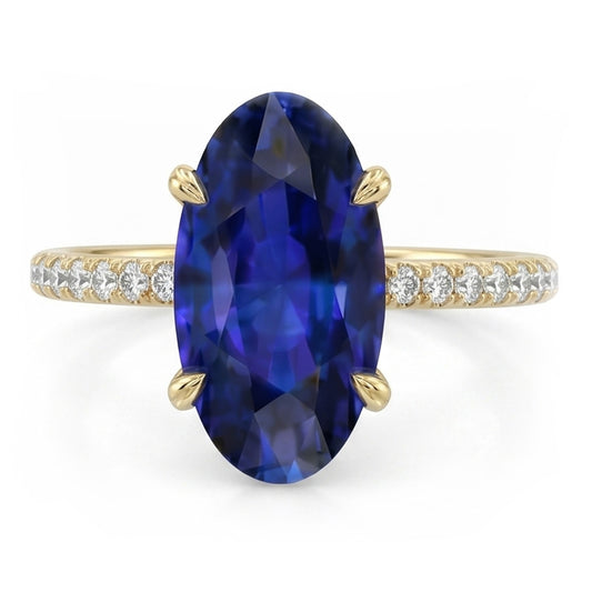 Bague Solitaire Or Jaune Saphir Bleu Ovale Avec Accents 4 Carats