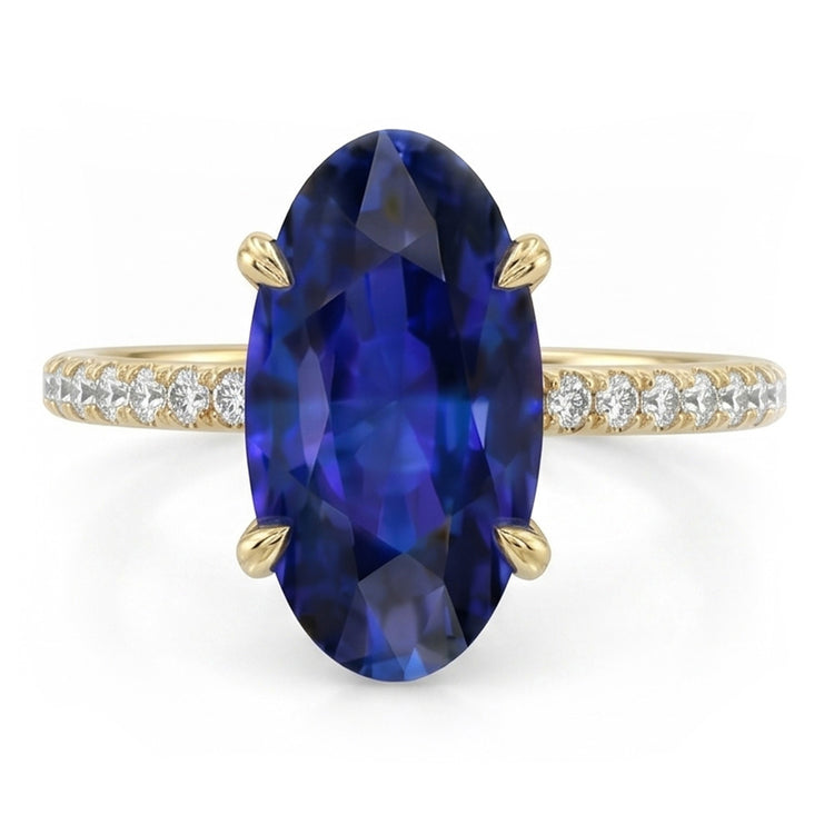 Bague Solitaire Or Jaune Saphir Bleu Ovale Avec Accents 4 Carats