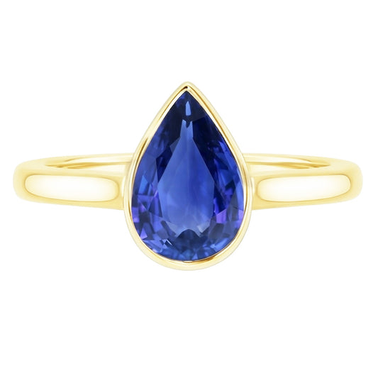 Bague Solitaire Or Jaune Sertie Lunette Saphir Sri Lankan Poire 4 Carats