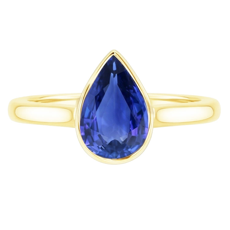 Bague Solitaire Or Jaune Sertie Lunette Saphir Sri Lankan Poire 4 Carats