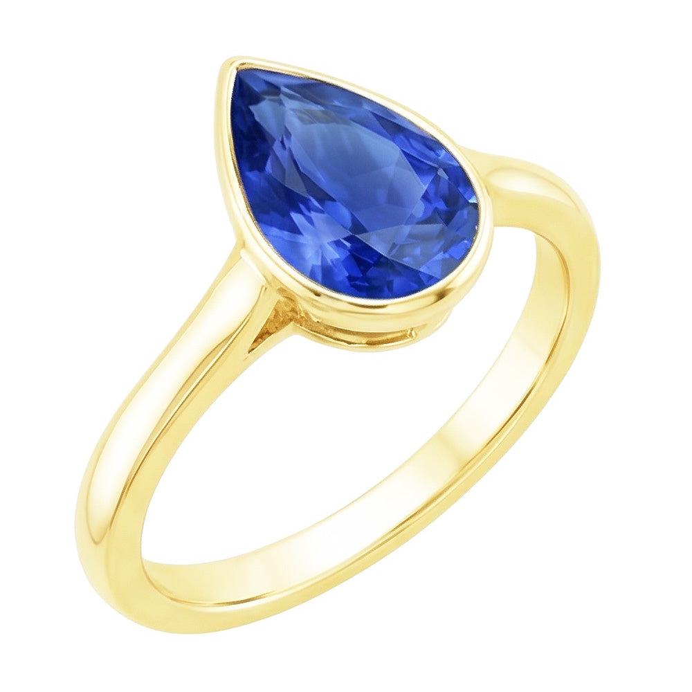 Bague Solitaire Or Jaune Sertie Lunette Saphir Sri Lankan Poire 4 Carats