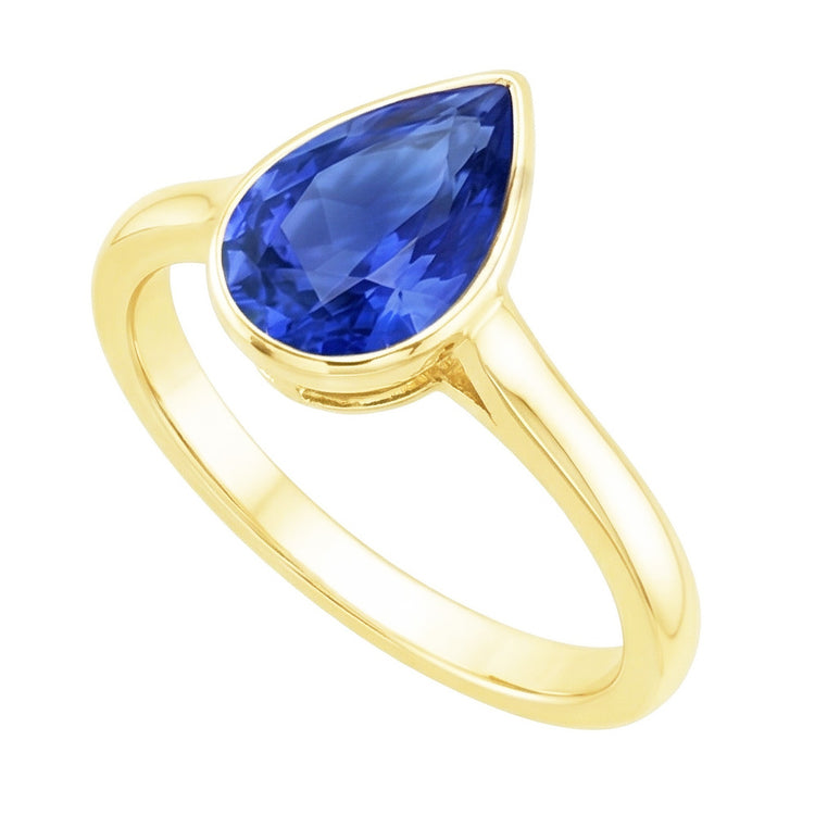 Bague Solitaire Or Jaune Sertie Lunette Saphir Sri Lankan Poire 4 Carats