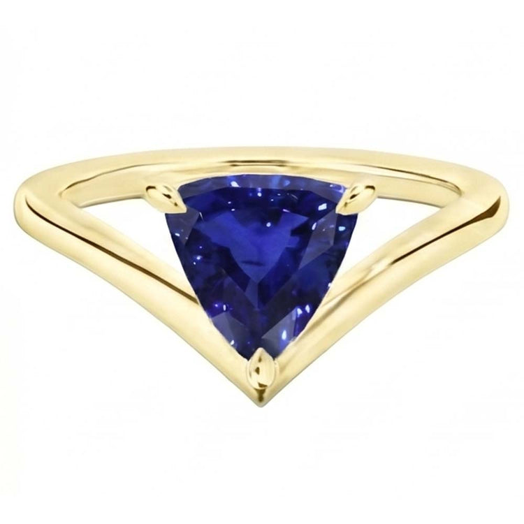 Bague Solitaire Or Jaune Trillion Saphir 1.50 Carats Sertie De Griffes