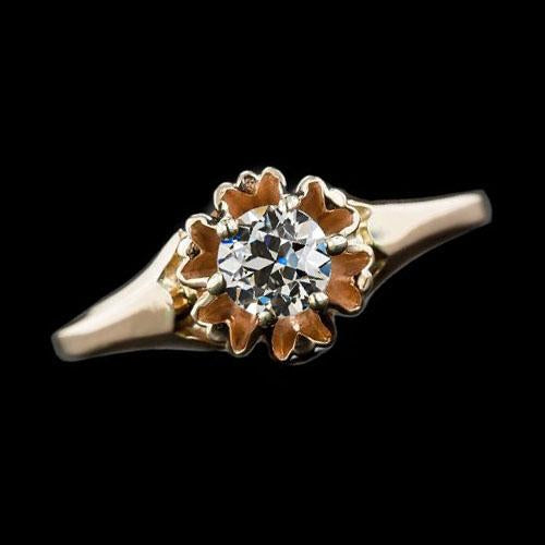 Bague Solitaire Or Jaune Véritable Diamant Rond Taille Ancienne 1 Carat Bijoux