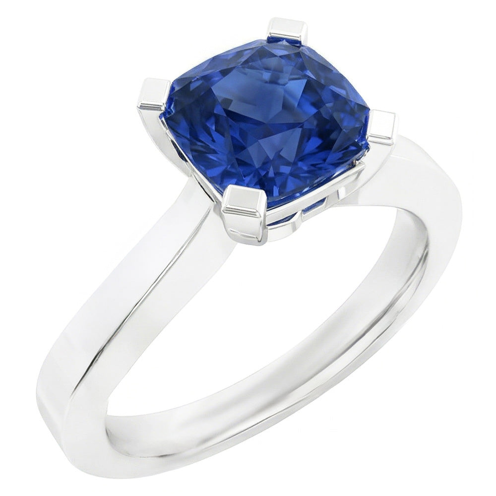 Bague Solitaire Or Radiant Saphir Bleu Naturel 1.50 Carats 4 Griffes
