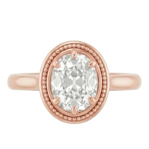 Bague Solitaire Or Rose Ovale Véritable Diamant Taille Ancienne Perlée Style 4 Carats