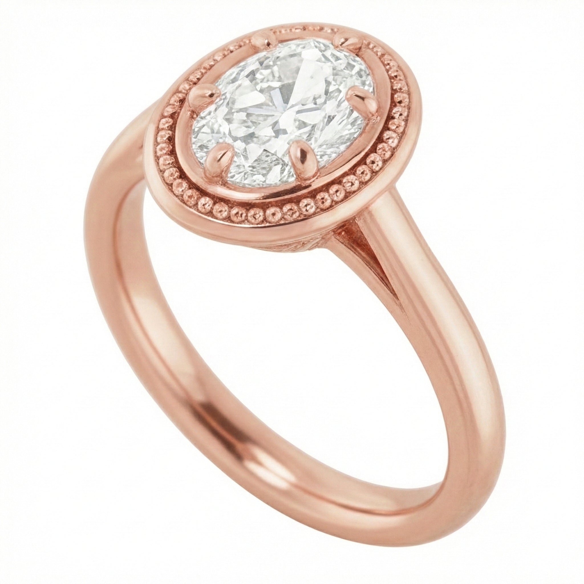 Bague Solitaire Or Rose Ovale Véritable Diamant Taille Ancienne Perlée Style 4 Carats