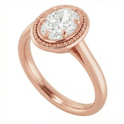 Bague Solitaire Or Rose Ovale Véritable Diamant Taille Ancienne Perlée Style 4 Carats