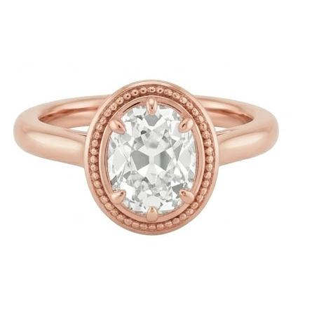 Bague Solitaire Or Rose Ovale Véritable Diamant Taille Ancienne Perlée Style 4 Carats