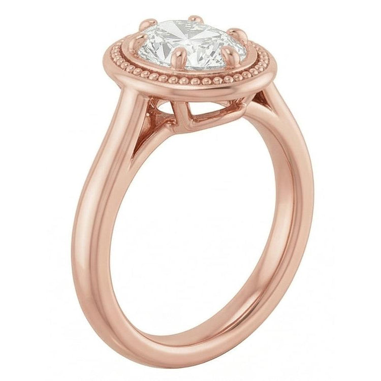 Bague Solitaire Or Rose Ovale Véritable Diamant Taille Ancienne Perlée Style 4 Carats