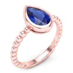 Bague Solitaire Or Rose Poire Saphir Bleu 1.50 Carats Lunette Sertie