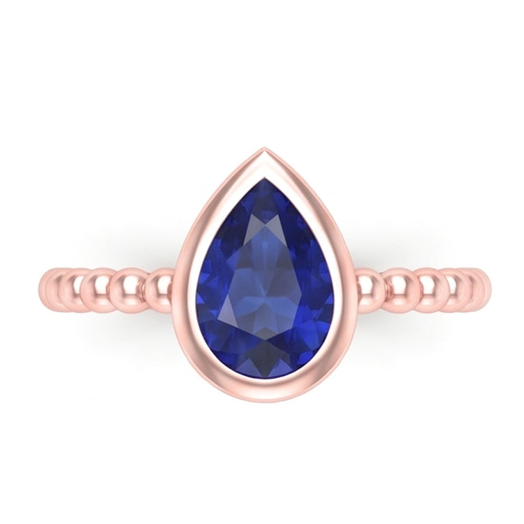 Bague Solitaire Or Rose Poire Saphir Bleu 1.50 Carats Lunette Sertie