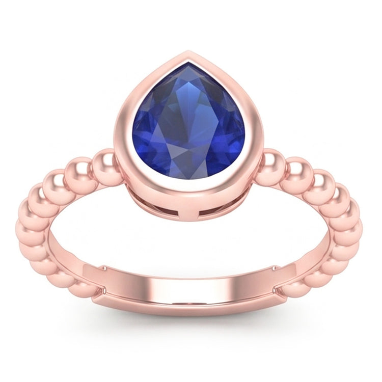 Bague Solitaire Or Rose Poire Saphir Bleu 1.50 Carats Lunette Sertie