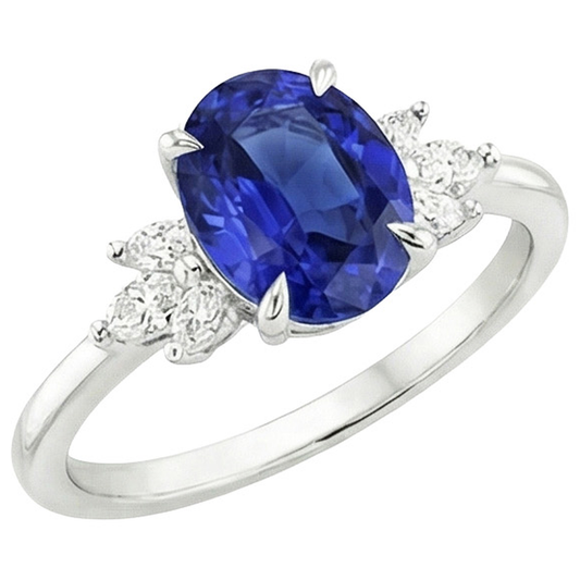Bague Solitaire Ovale Saphir Bleu Avec Pierres Côté Poire 4.50 Carats
