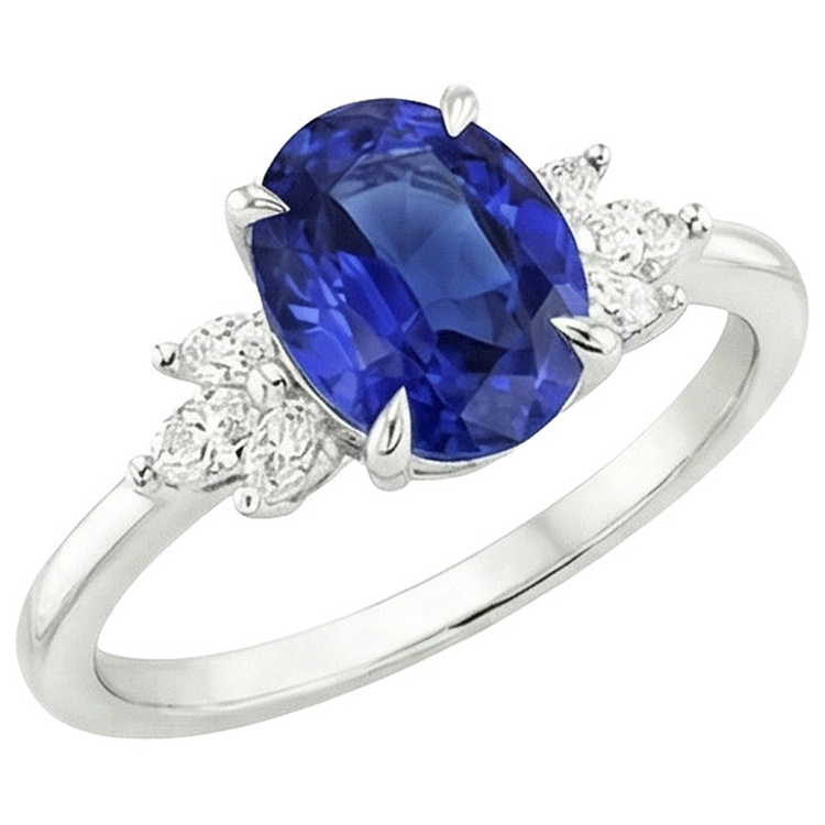 Bague Solitaire Ovale Saphir Bleu Avec Pierres Côté Poire 4.50 Carats