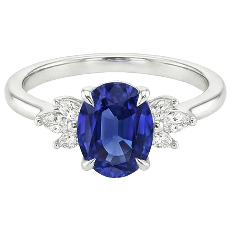 Bague Solitaire Ovale Saphir Bleu Avec Pierres Côté Poire 4.50 Carats