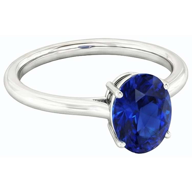 Bague Solitaire Ovale Saphir Bleu Foncé 2 Carats Or Blanc
