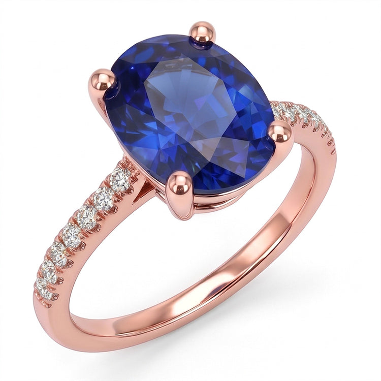 Bague Solitaire Ovale Saphir Bleu & Pavé Diamants 4.50 Carats