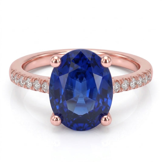 Bague Solitaire Ovale Saphir Bleu & Pavé Diamants 4.50 Carats