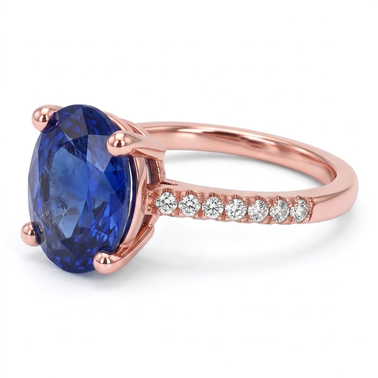 Bague Solitaire Ovale Saphir Bleu & Pavé Diamants 4.50 Carats