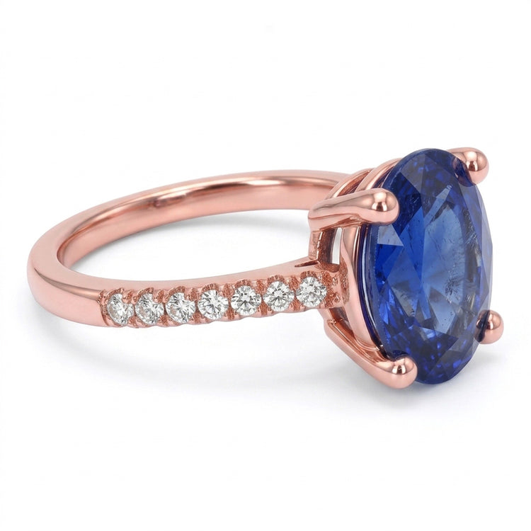 Bague Solitaire Ovale Saphir Bleu & Pavé Diamants 4.50 Carats