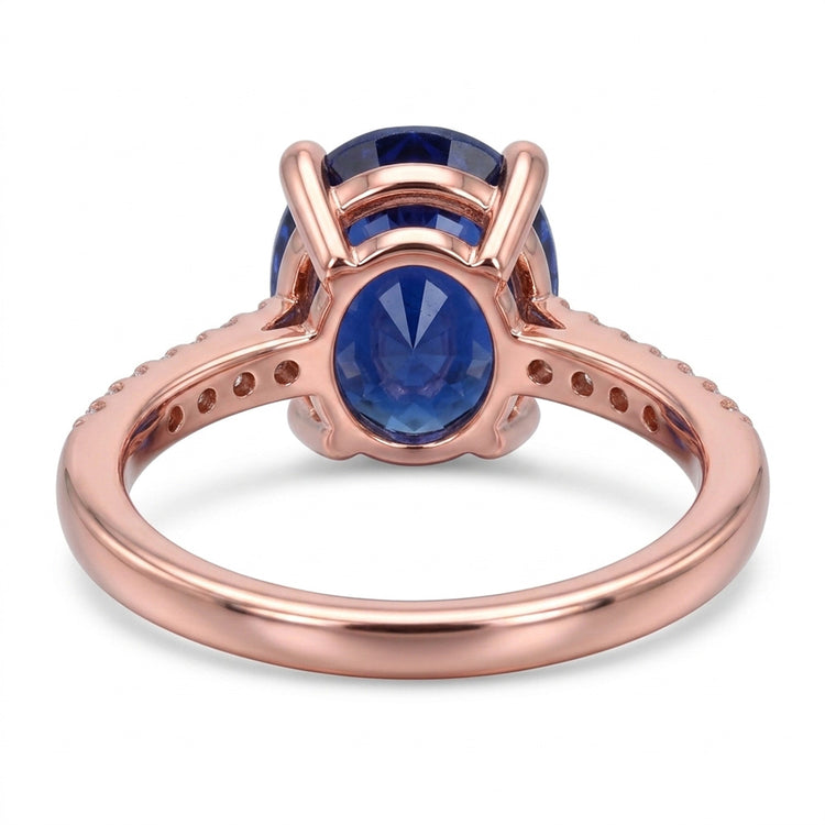 Bague Solitaire Ovale Saphir Bleu & Pavé Diamants 4.50 Carats