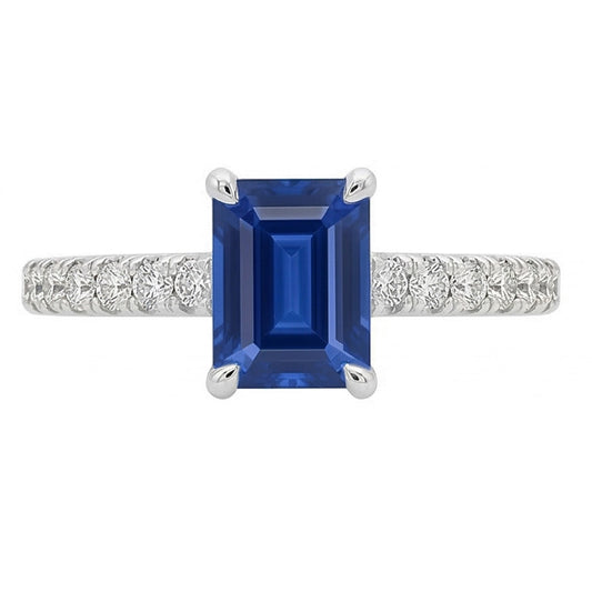Bague Solitaire Pierre Gemme Bleue Saphir Avec Accents Pave 2.50 Carats
