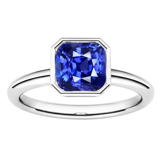 Bague Solitaire Pierres Précieuses Coussin Lunette Sertie Saphir Bleu 1.50 Carats